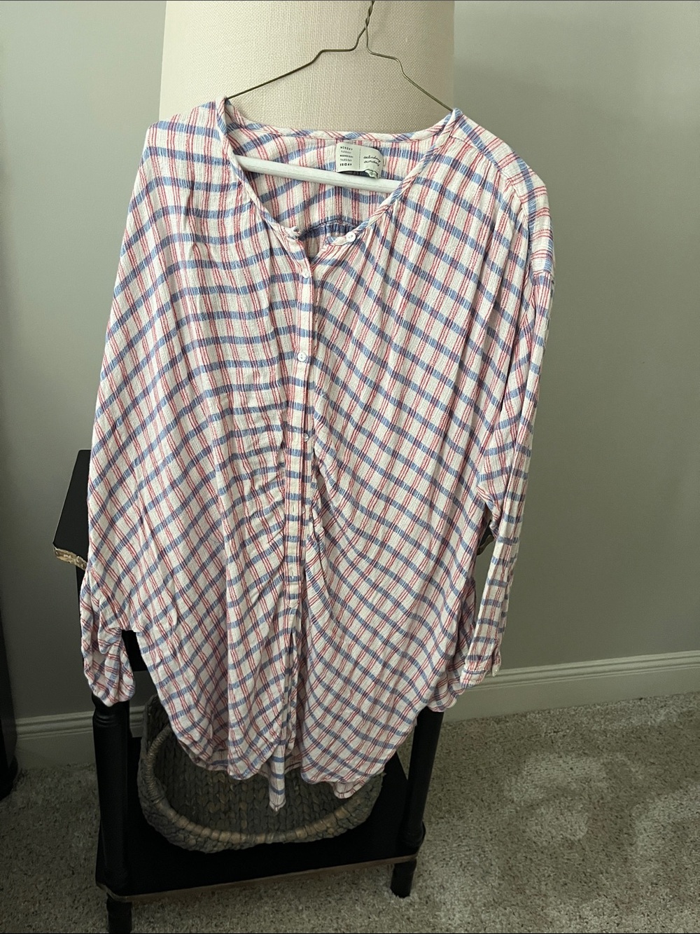 Oversized Saturday Sunday  Plaid Button-Front Women's Top in White, red  & Blue